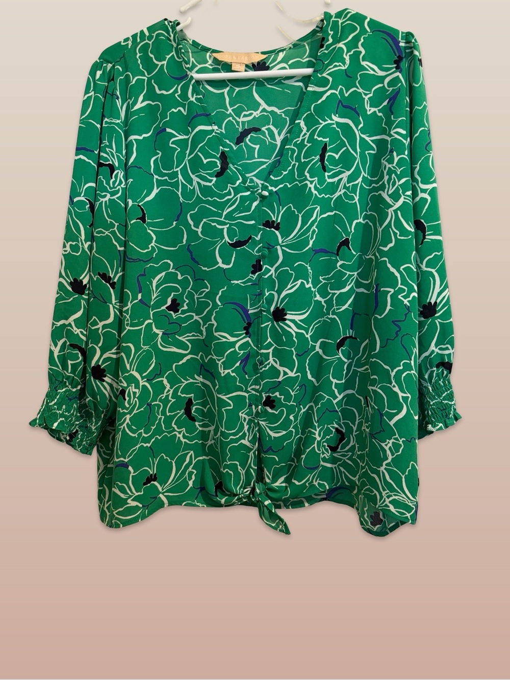 Hope & Harlow Women’s Green Floral Tie-Front Long Sleeve Blouse size XL